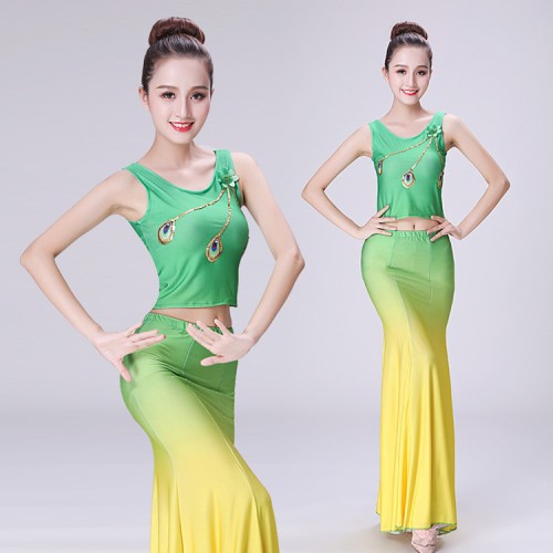 Chinese folk dance costumes for women female peacock dance stage performance mermaid competition school cosplay photos dresses